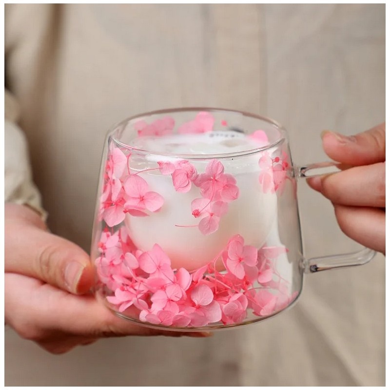 Cană cu flori uscate roz, pereți dubli, sticlă borosilicată, izolare termică, hortensie, 180 ml